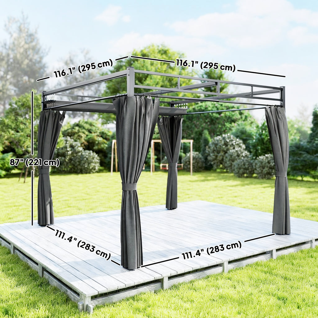 10' x 10' Outdoor Gazebo, Retractable Pergola Canopy with Curtains, UPF30+ Free Standing Metal Pergola Kit, Dark Grey