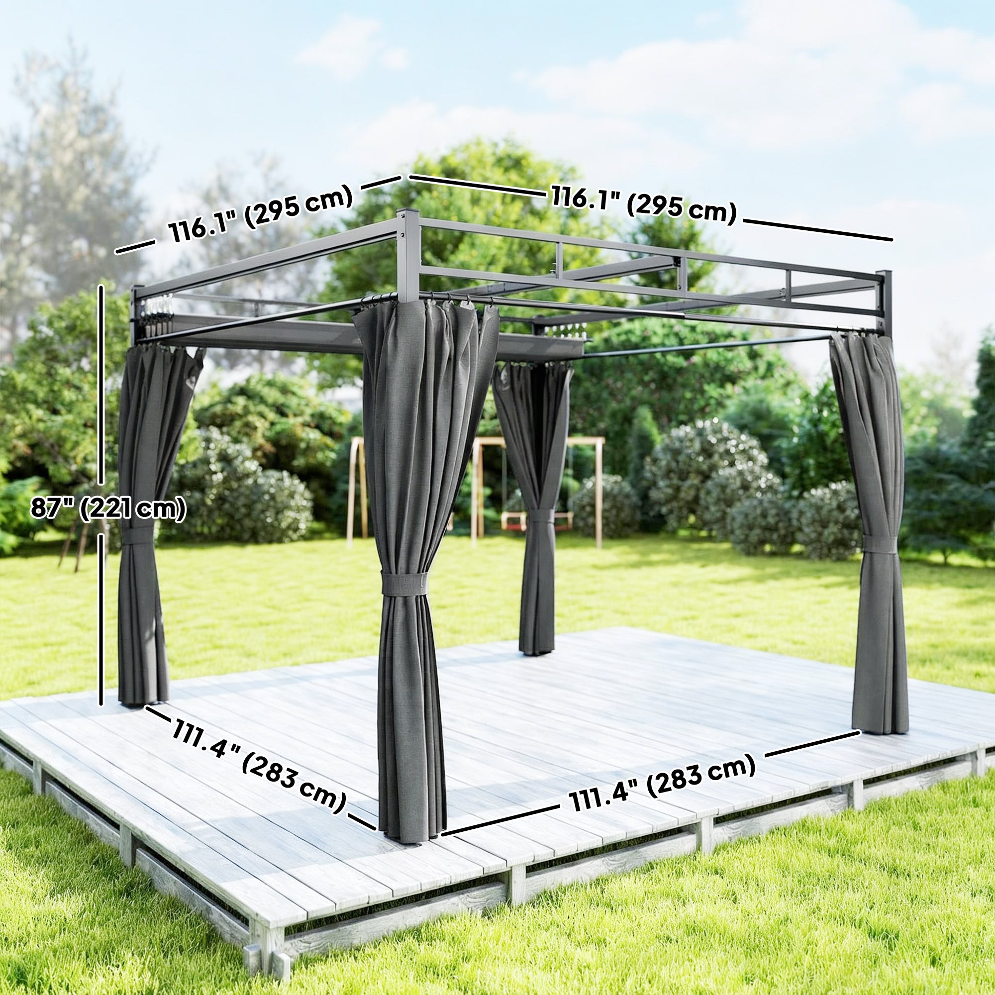 10' x 10' Outdoor Gazebo, Retractable Pergola Canopy with Curtains, UPF30+ Free Standing Metal Pergola Kit, Dark Grey