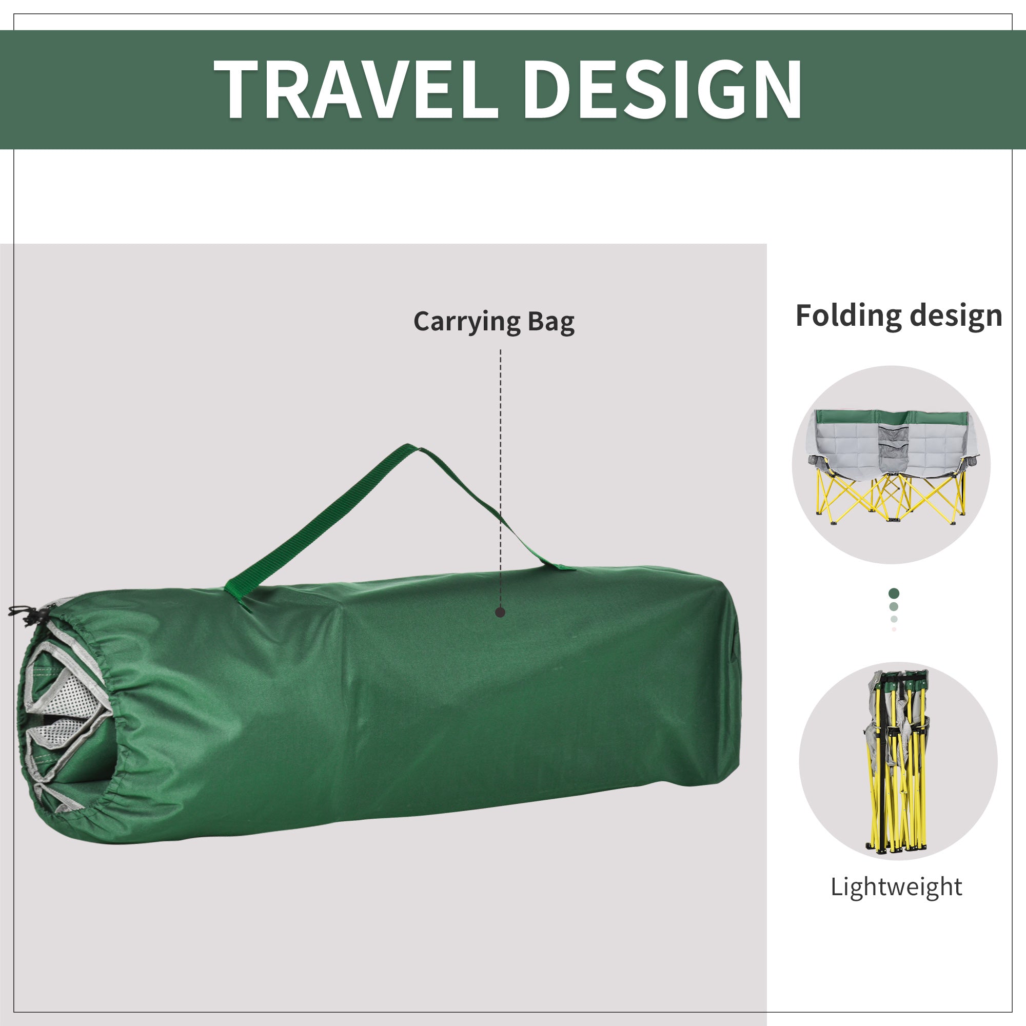 62" W Double Seat Camping Chair Folding Lawn Loveseat w/ Storage Pocket & Cup Holder Compact in a Bag for Outdoor, Beach, Picnic, Hiking, Travel, Green