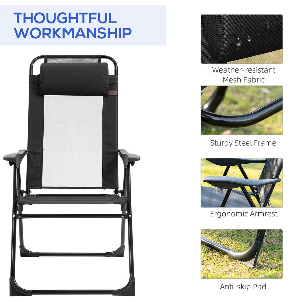 Set of 4 Camping Chairs, Outdoor Folding Lounge Chair Set with 5 Level Adjustable Backrest, Removable Headrest, Armrest for Camping, Backyard, Black