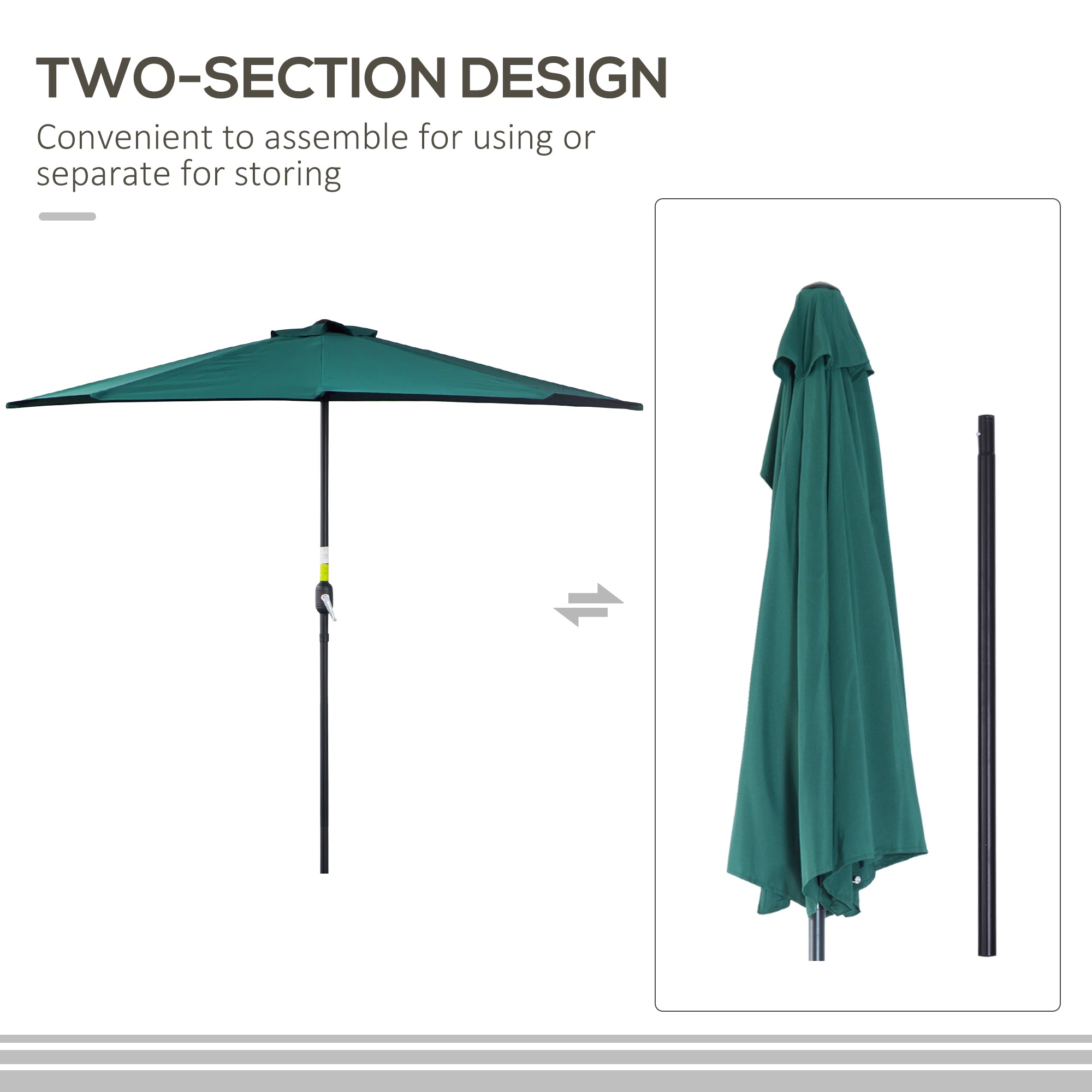 9ft Half Round Patio Umbrella, Outdoor Market Patio Table Umbrella Parasol with Crank Mechanism, 5 Ribs, Dark Green