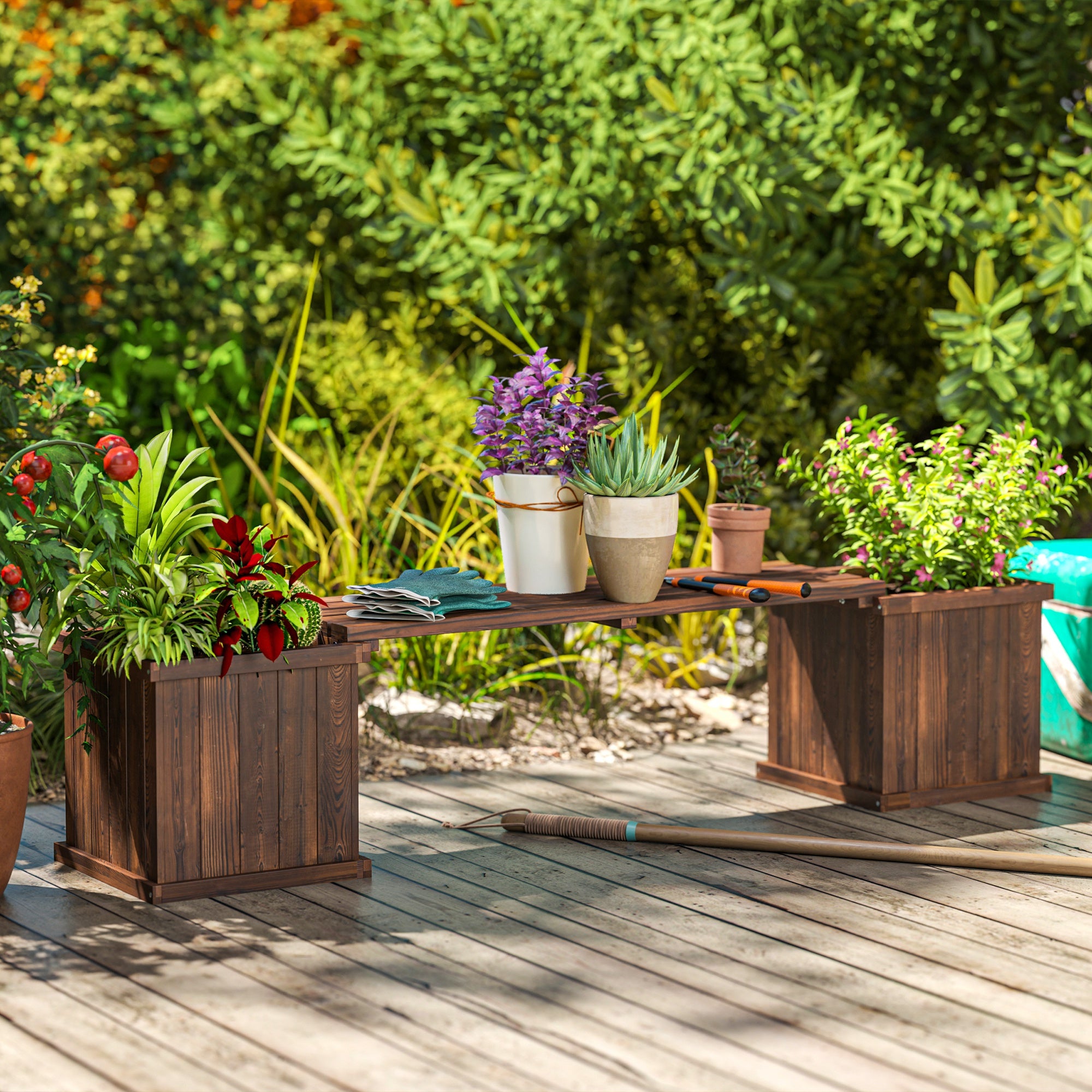 Garden Planter with Raised Garden Bed Bench for Patio Park, 69.25" x 15" x 15.75", Carbonized