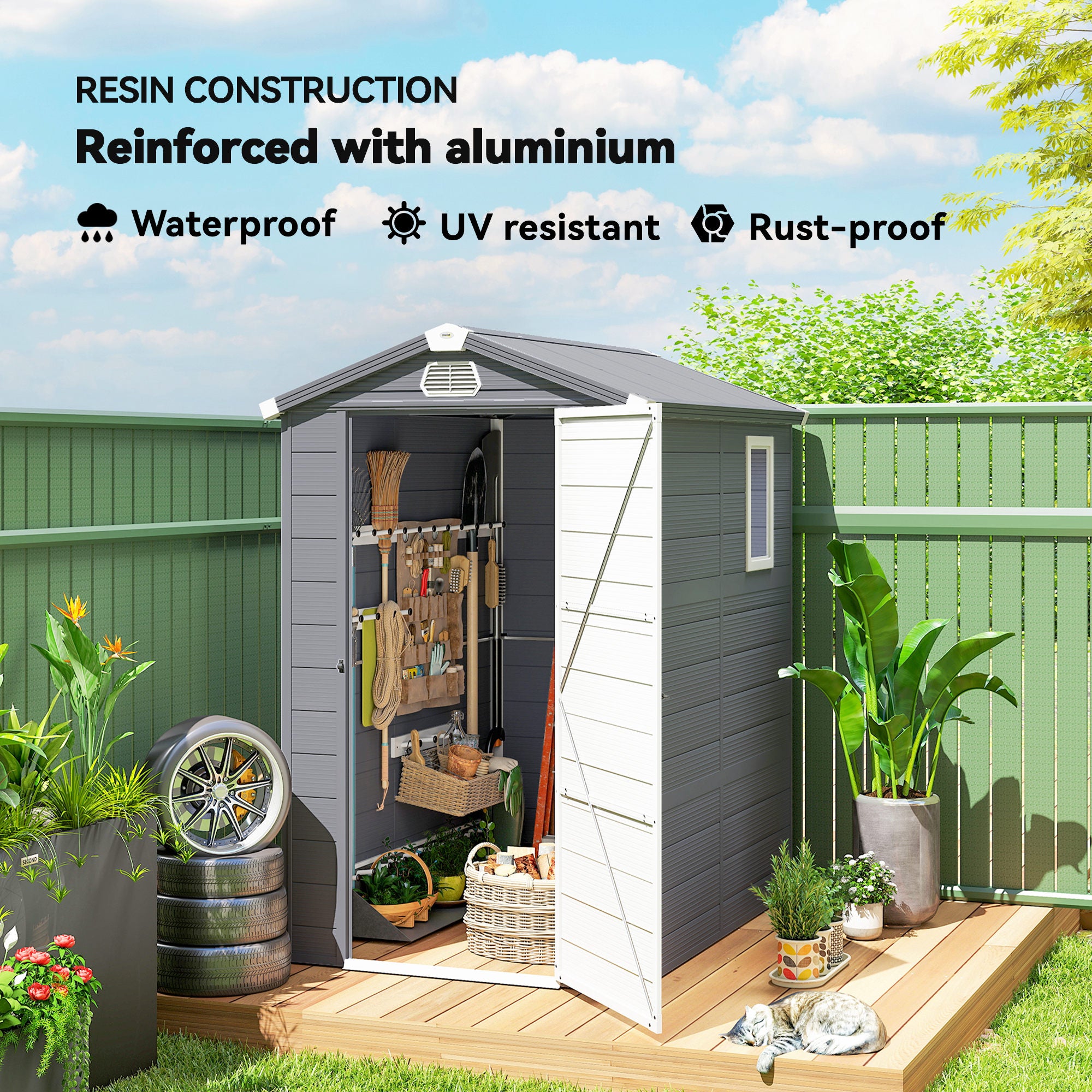 4.5' x 6' Garden Storage Shed with Latch Door, Vents, Sloped Roof, Light Grey