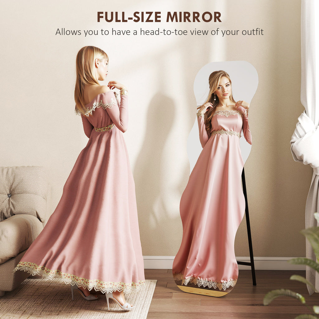 64" x 21" Full Length Mirror, Irregular Wavy Frameless Full Body Mirror with Pine Wood Base for Bedroom, Black