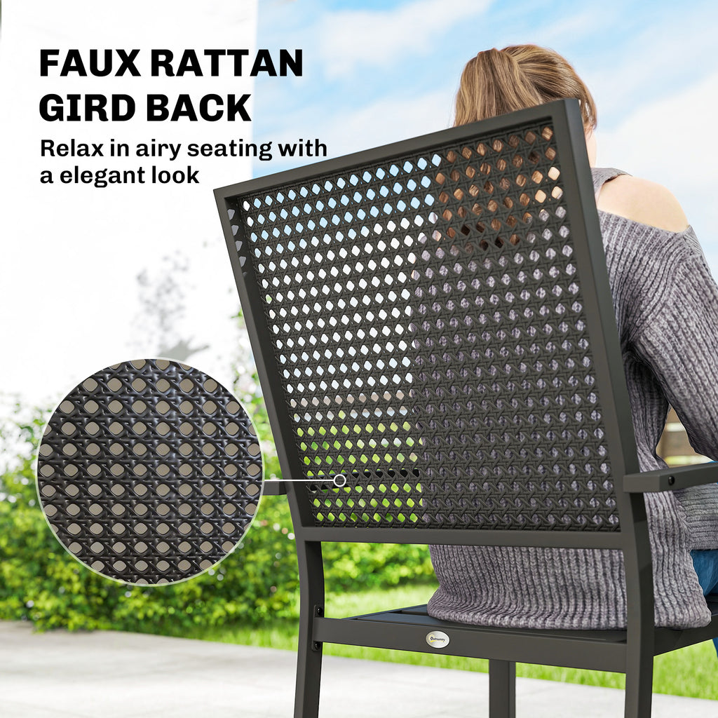 Stackable Patio Chairs Set of 2, Outdoor Dining Chairs with Faux Wicker Steel Mesh Back, Slatted Seat, Armrests, Black