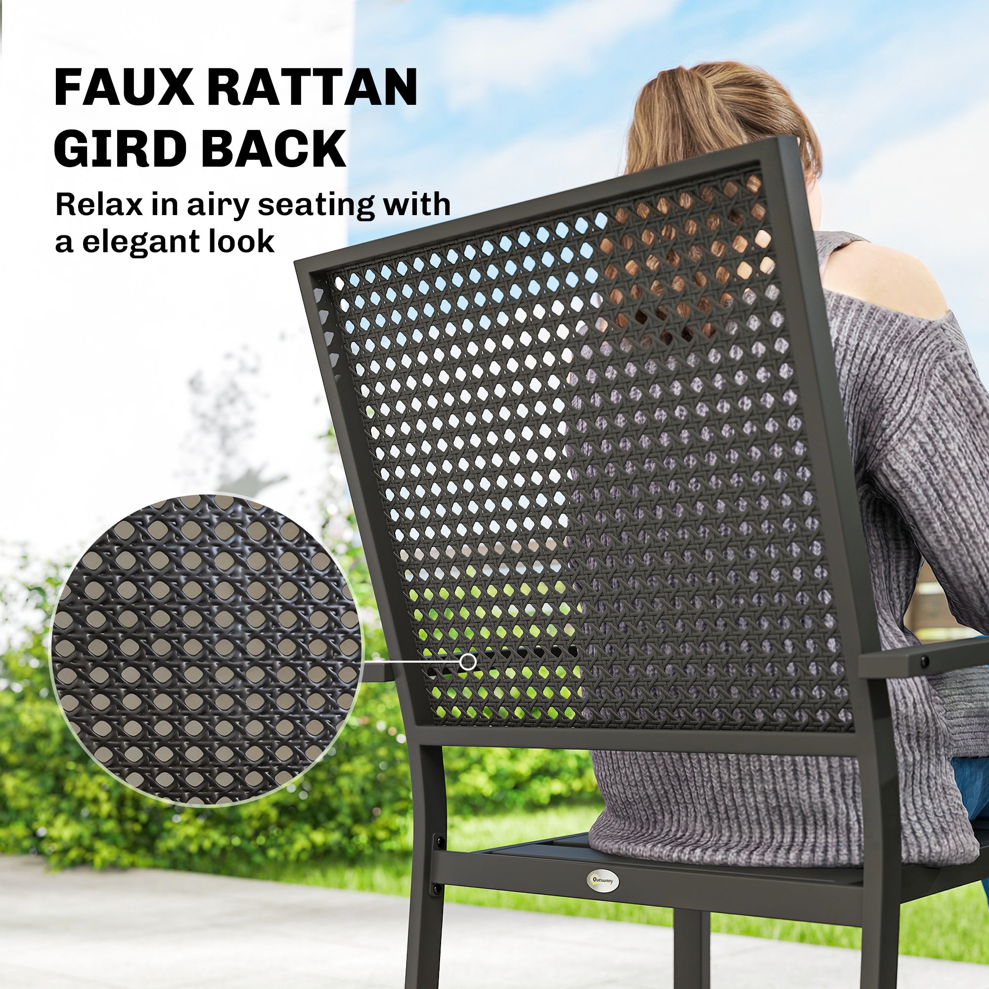 Stackable Patio Chairs Set of 2, Outdoor Dining Chairs with Faux Wicker Steel Mesh Back, Slatted Seat, Armrests, Black