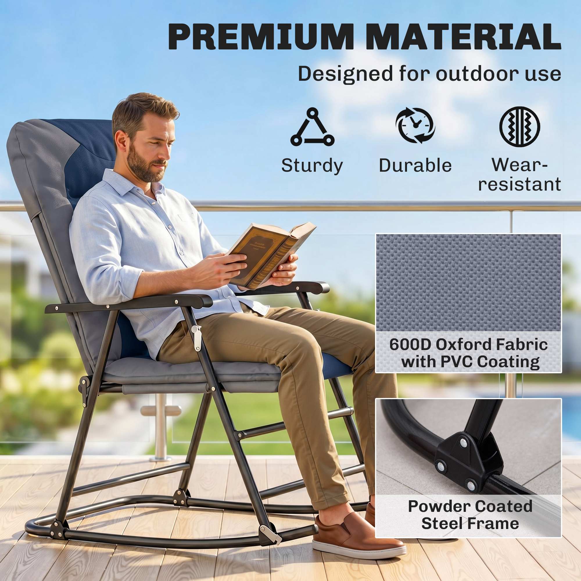 Folding Rocking Chair Set of 2 Padded Rockers with Armrest, Navy Blue