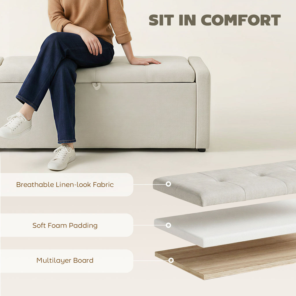 Storage Ottoman Bench, Linen-Look Fabric Upholstered Ottoman with Storage, Wide Padded Seat, Cream White