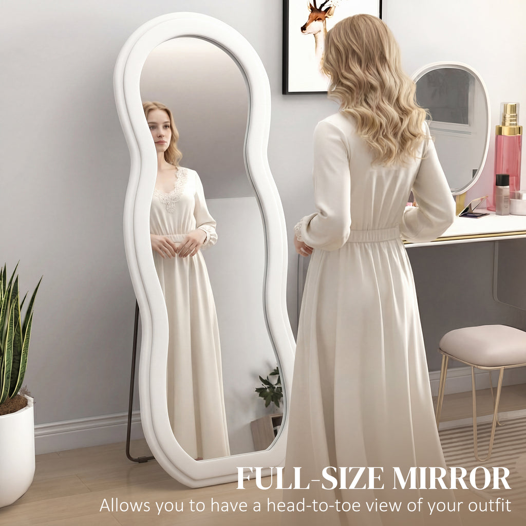 64" x 24" Full Length Mirror, Floor Mirror Hanging or Wall Mount, with Arched Wavy Velvet Frame for Bedroom