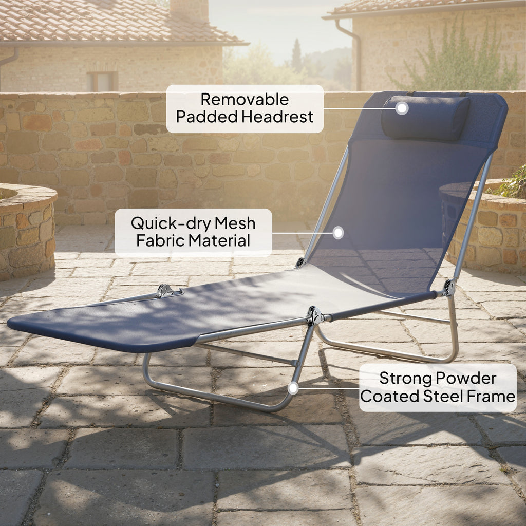 Outdoor Lounge Chair, Portable Adjustable Reclining Seat Folding Chaise Lounge Patio Camping Beach Tanning Chair Bed with Pillow, Dark Blue