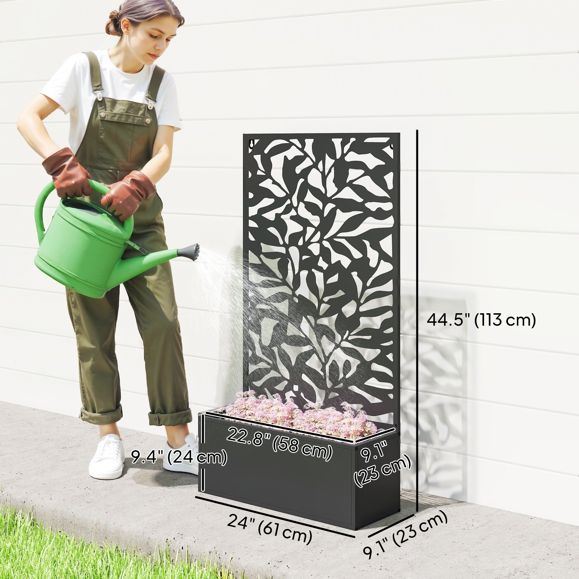 Raised Garden Bed with Trellis, Outdoor Privacy Screen with Planter Box, 24" x 9.1" x 44.5", Black