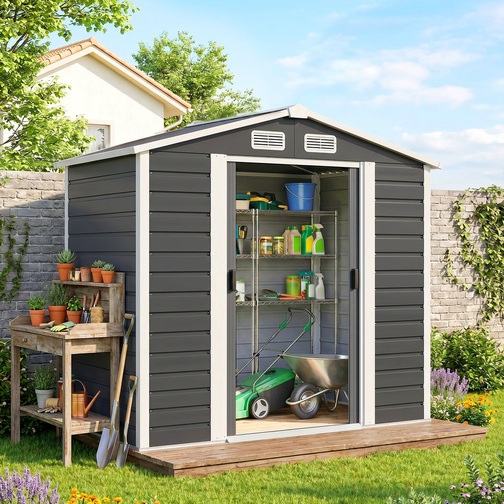 7' x 4' Outdoor Storage Shed, Metal Garden Shed with Lockable Doors and Gloves for Backyard, Garden, Patio, Dark Grey