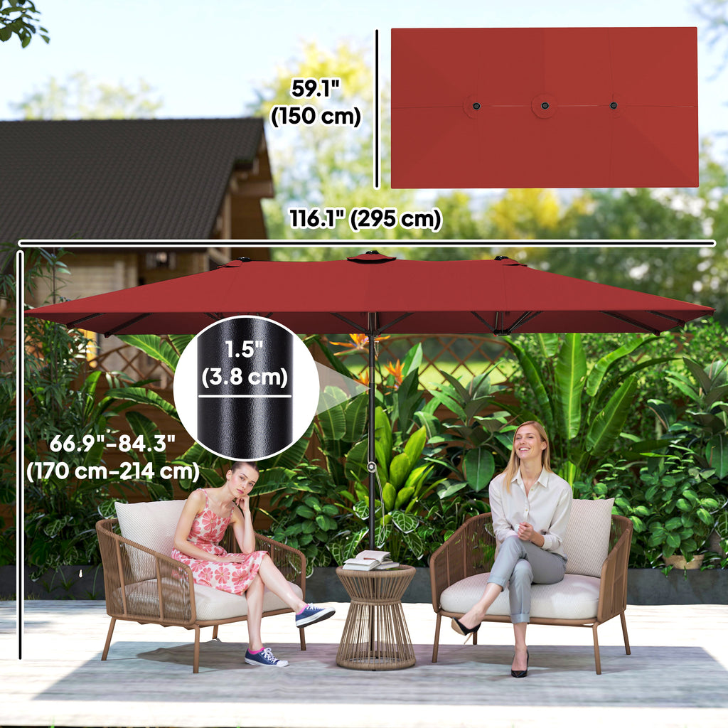 Double-Sided Patio Umbrella Parasol with Tilt, Adjustable Height, Vents and 12 Ribs, for Garden, Deck, Pool, Wine Red