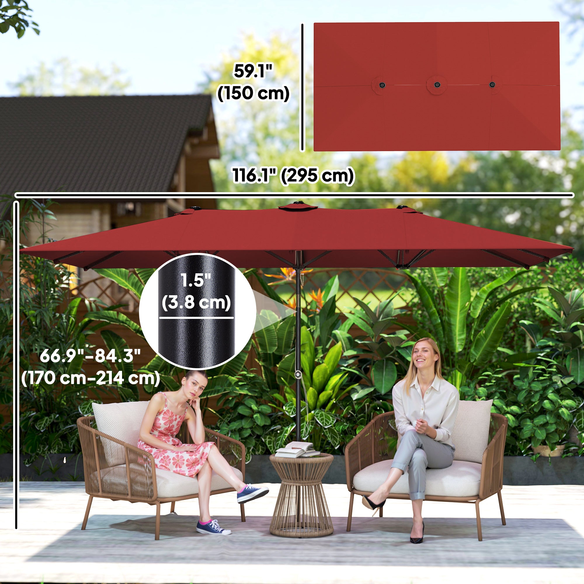 Double-Sided Patio Umbrella Parasol with Tilt, Adjustable Height, Vents and 12 Ribs, for Garden, Deck, Pool, Wine Red