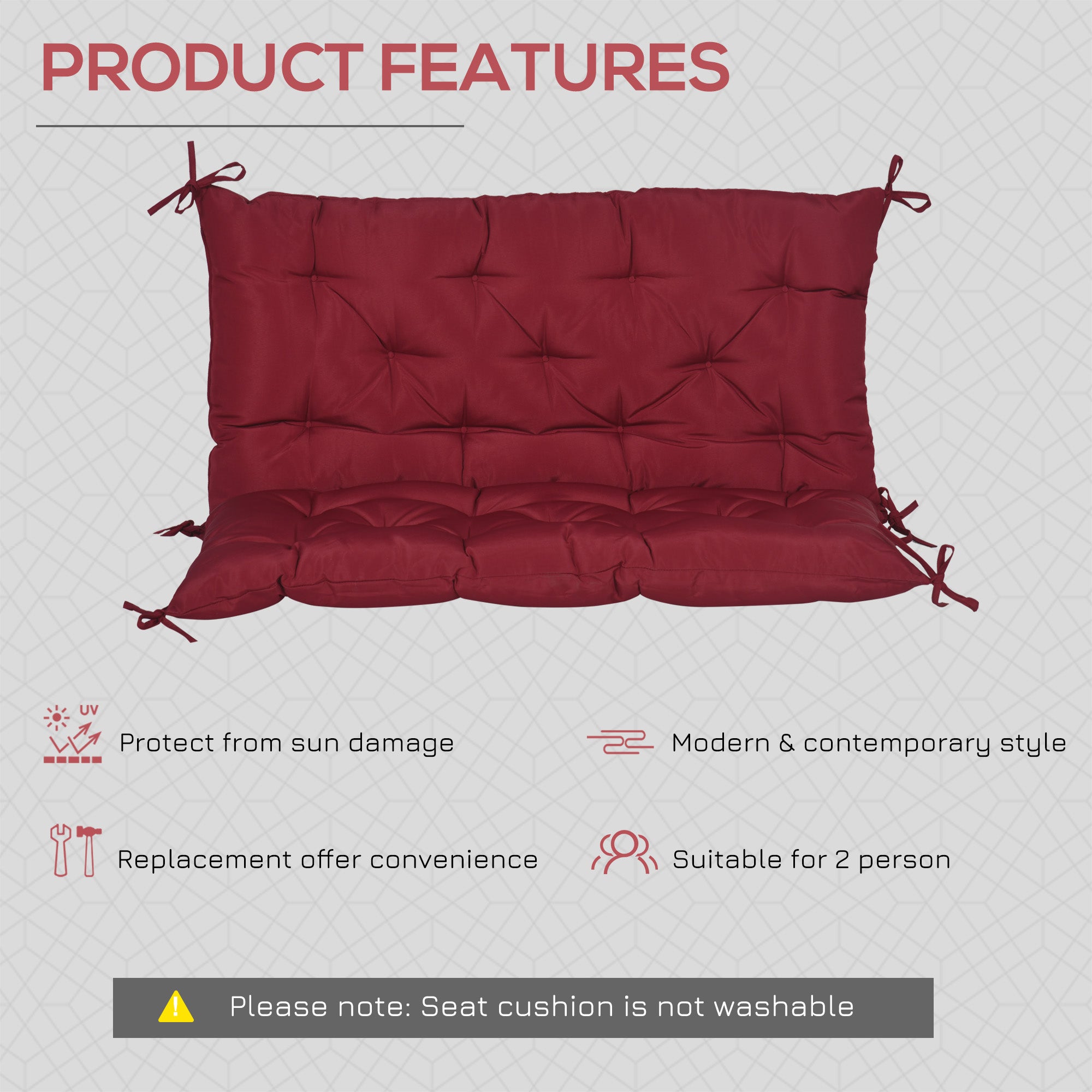 Porch Swing Cushion Garden Bench Cushion with Backrest, Non-Slip 2-seater Soft Pad, Swing Chair Mat Replacement for Indoor and Outdoor, 39.4" x 38.6", Wine Red