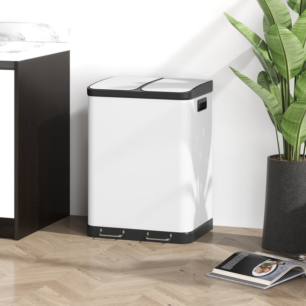 Kitchen Garbage Bin, 2 x 7.9 Gal (2 x 30 L) Trash Can, Soft-Close Garbage Can with Removable Inner Buckets, White