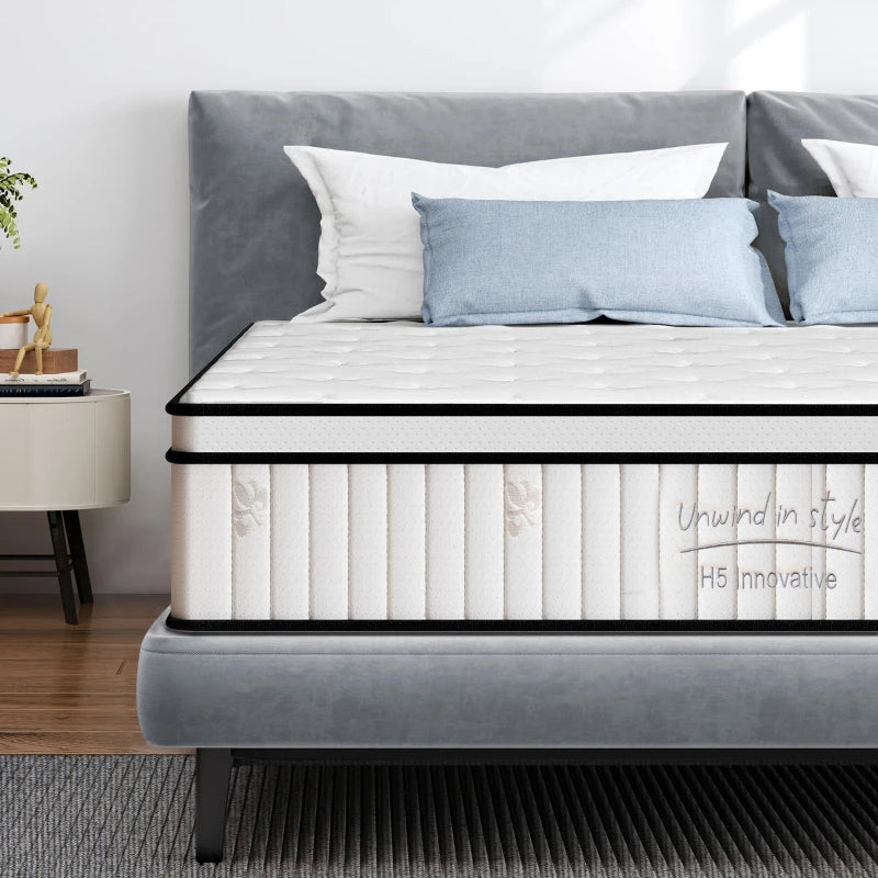 White full size hybrid mattress, 54 x 75 inches, with memory foam and pocket springs