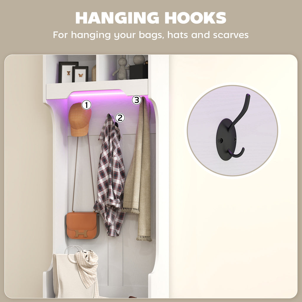 3-in-1 Hall Tree with LED Lights and Bench, Coat Rack with Shoe Storage, White Wood Grain with Light