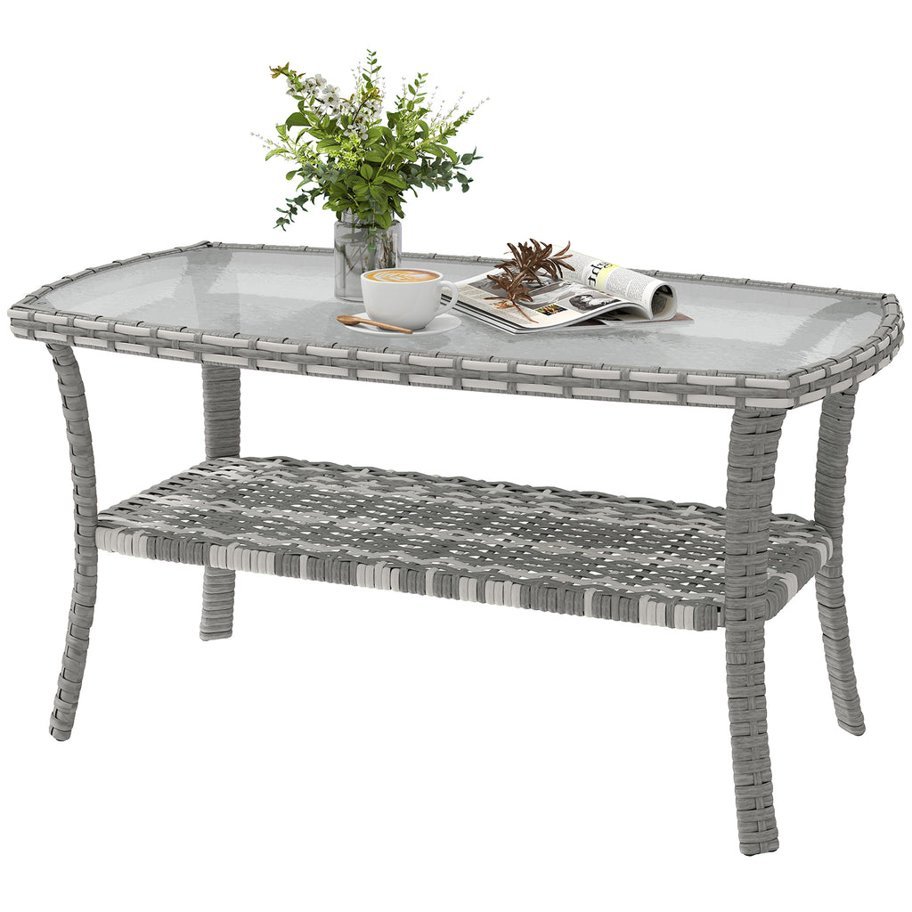Outdoor Coffee Table with Storage Shelf, PE Wicker Patio Table with Glass Top for Garden, Backyard, Dark Grey