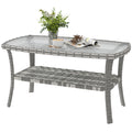 Outdoor Coffee Table with Storage Shelf, PE Wicker Patio Table with Glass Top for Garden, Backyard, Dark Grey