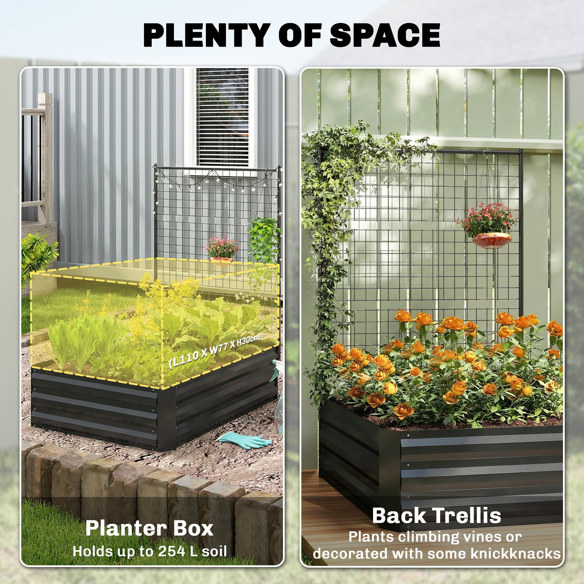 Galvanized Raised Garden Bed with Trellis for Climbing Plants, Outdoor Planter Box with Open Bottom, Black