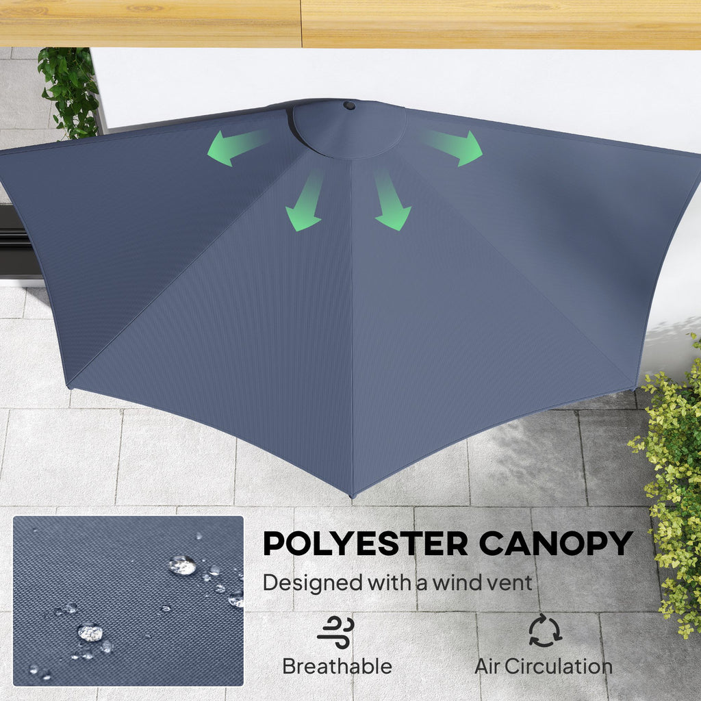 9.8ft Half Umbrella Semi Round Patio Parasol with Crank Handle, Top Vent for Garden, Balcony- NO BASE INCLUDED, Dark Blue