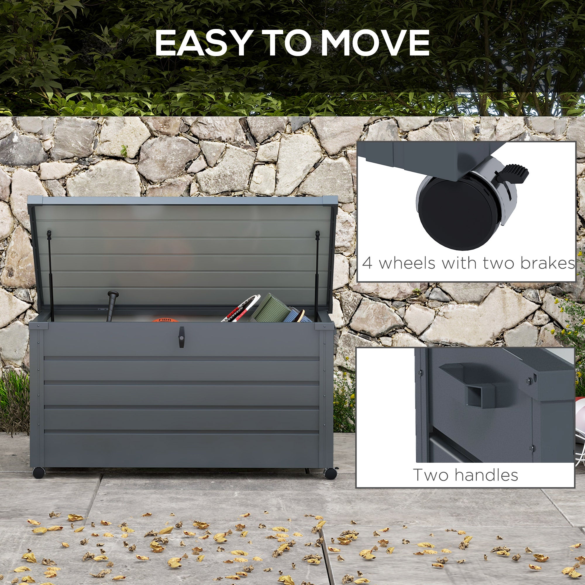 82 Gallon Garden Storage Box, Waterproof Outdoor Storage Container with Wheels and Handles, Dark Grey