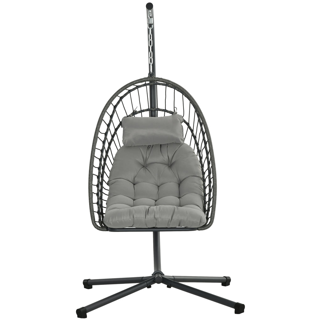 Hanging Egg Chair with Stand, Foldable Wicker Rattan Swing Chair with Thick Cushion, Light Grey