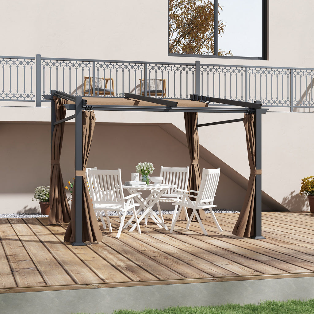 Metal Pergola with Sliding Roof Canopy, Retractable Pergola Canopy, 10' x 10', Coffee
