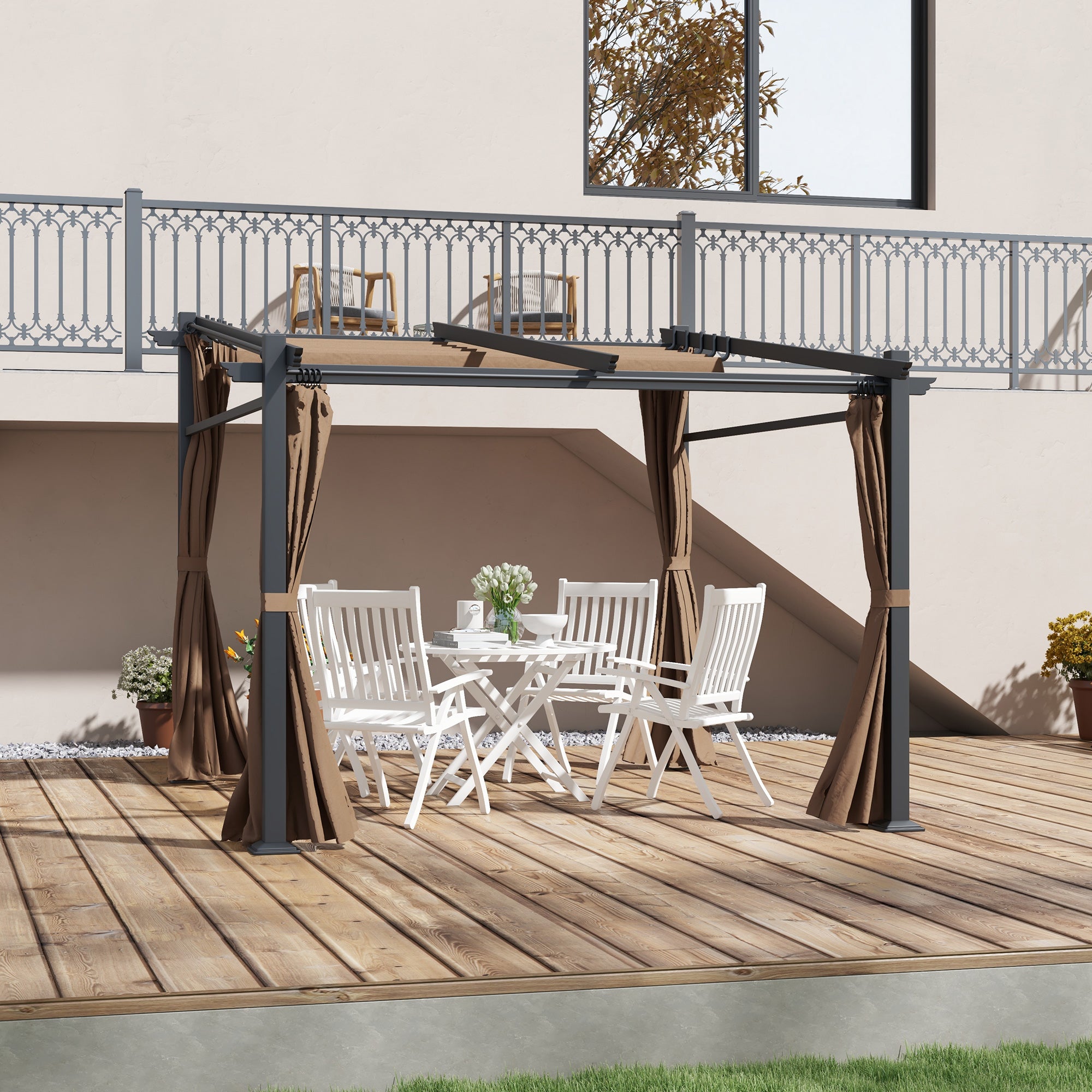 Metal Pergola with Sliding Roof Canopy, Retractable Pergola Canopy, 10' x 10', Coffee
