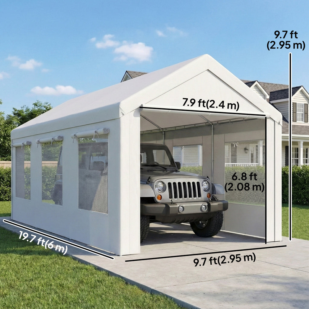 10' x 20' Heavy Duty Carport, Height Adjustable Portable Garage Car Canopy Tent Shelter with Doors, Windows, White