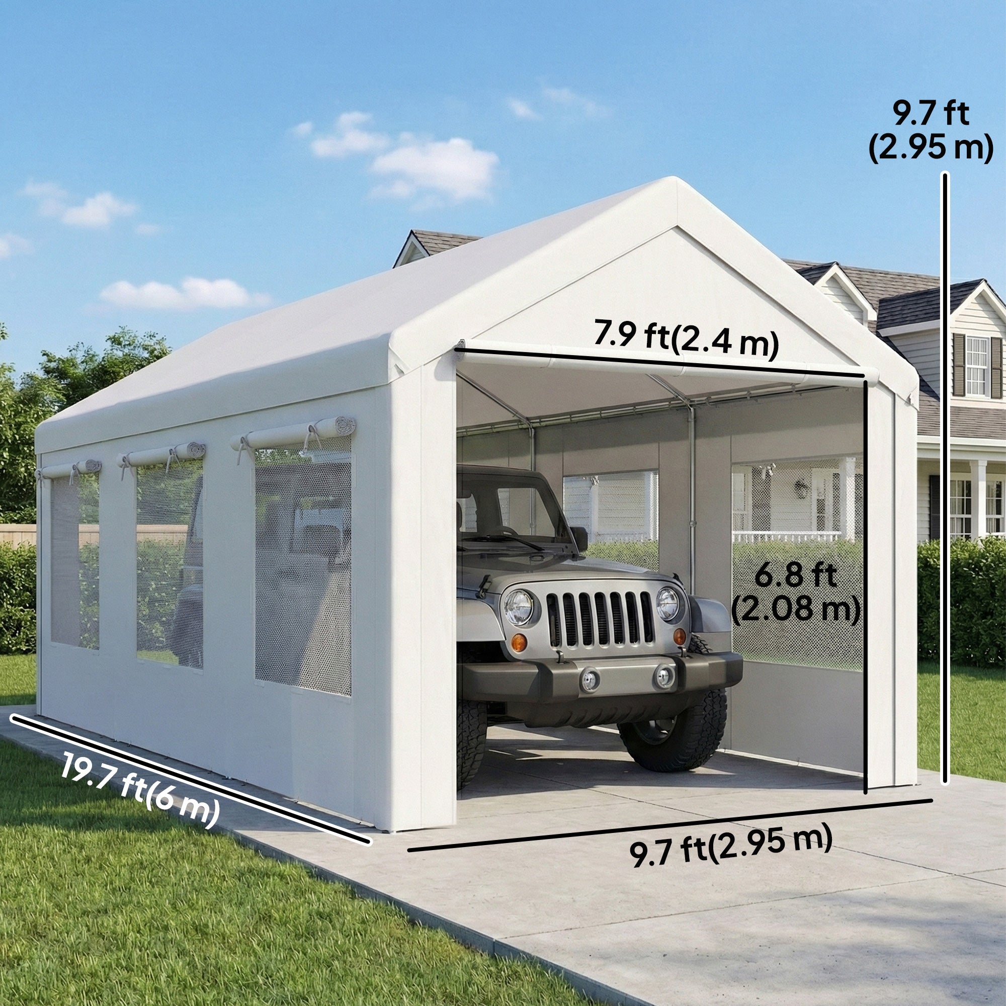 10' x 20' Heavy Duty Carport, Height Adjustable Portable Garage Car Canopy Tent Shelter with Doors, Windows, White
