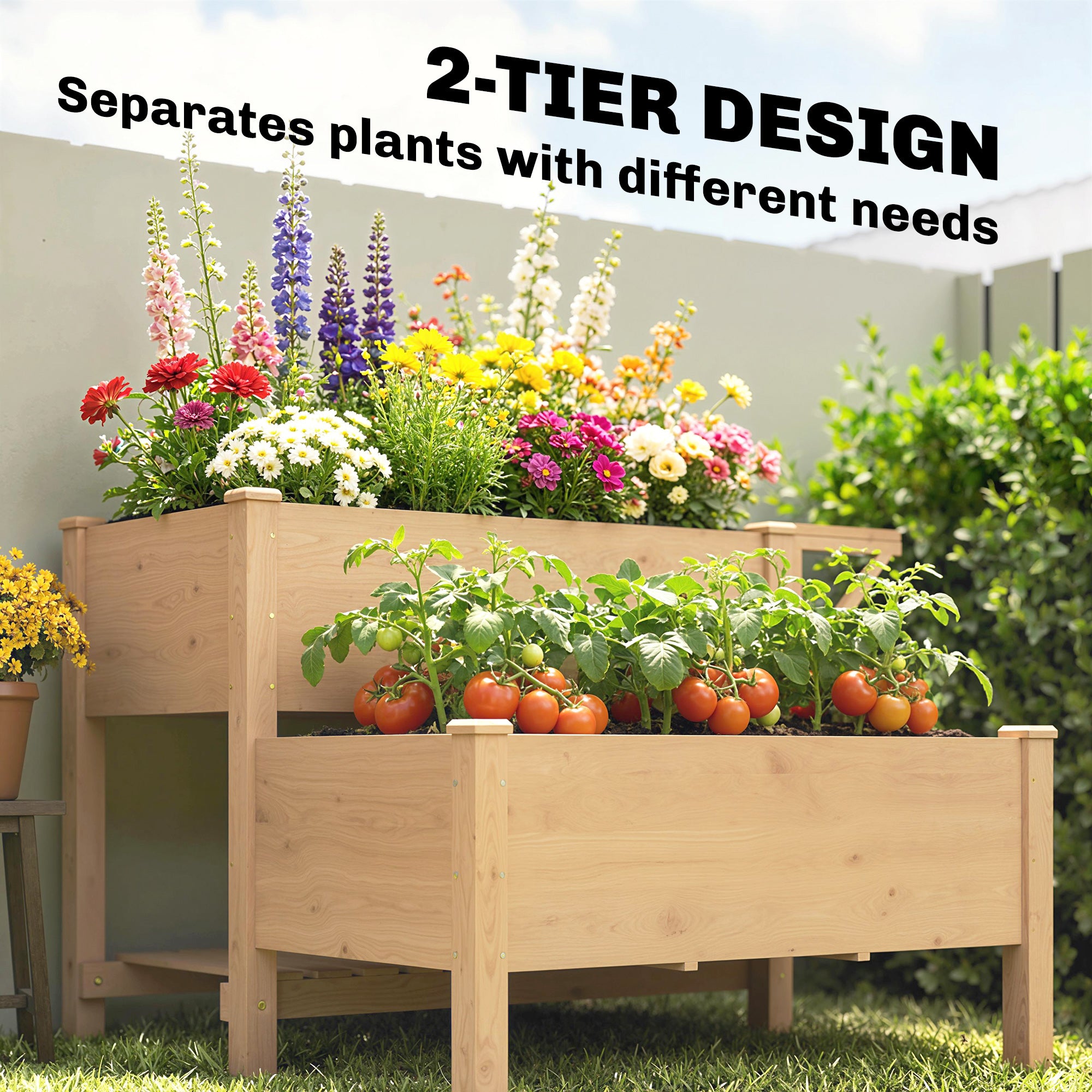 Wooden Raised Garden Bed, 2-Tier Raised Planter with Storage Shelf, Side Board, Drainage Holes and Liner