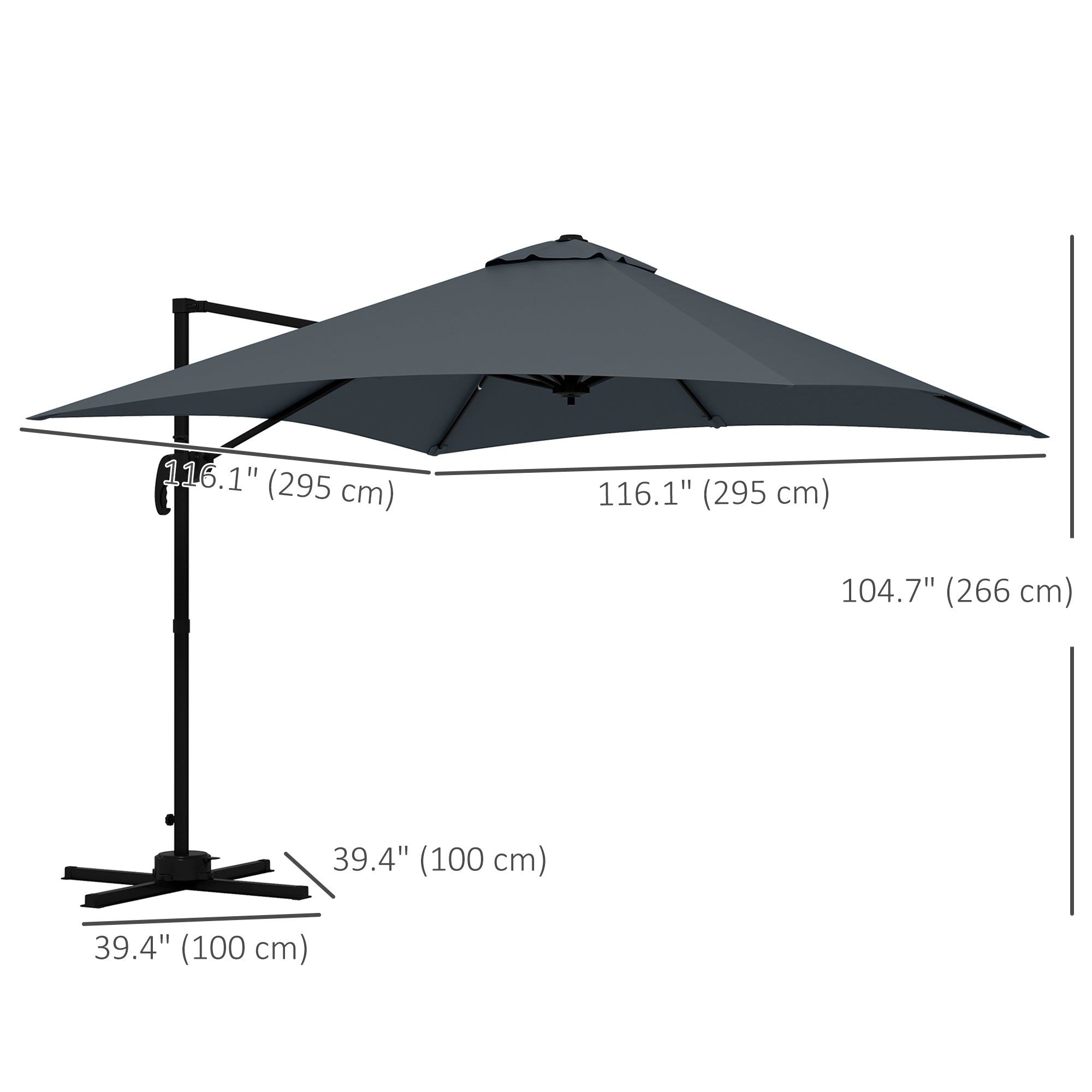 10x10ft Cantilever Umbrella Rotatable Square Market Parasol, 4 Adjustable Angle for Outdoor Backyard Patio Dark Grey