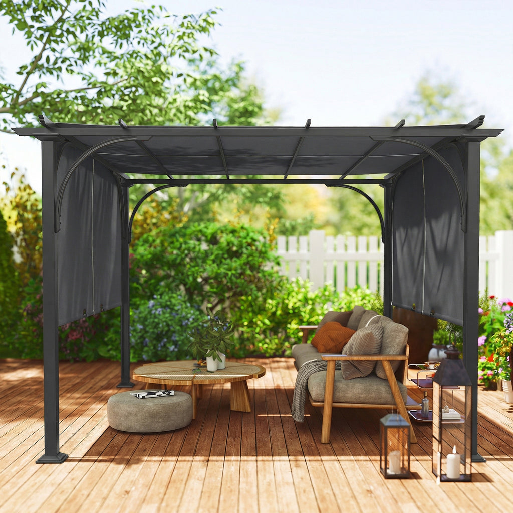 10' x 10' Retractable Pergola Canopy, UPF50+ Outdoor Metal Pergola Gazebo Sun Shade Shelter with Steel Frame, Dark Grey
