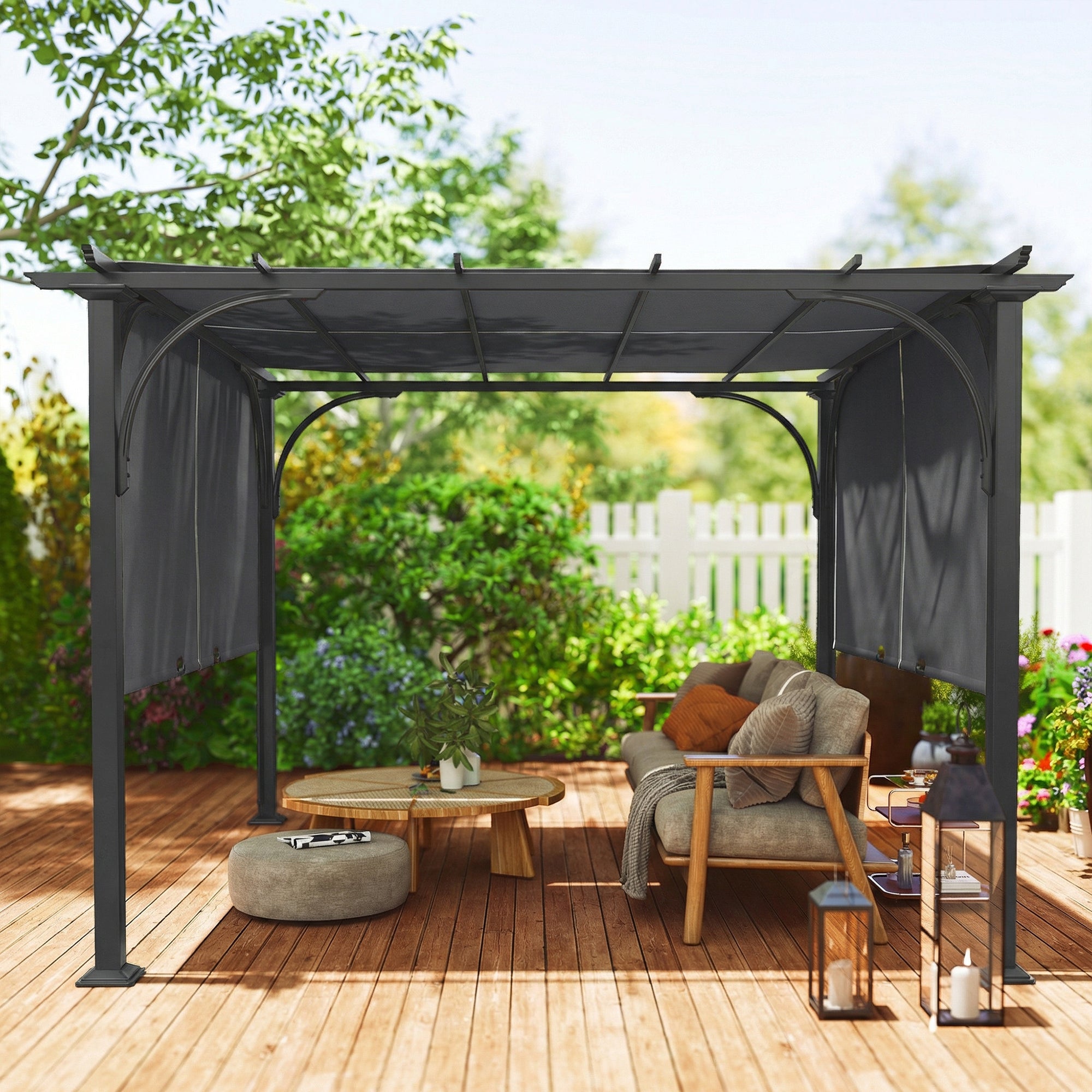 10' x 10' Retractable Pergola Canopy, UPF50+ Outdoor Metal Pergola Gazebo Sun Shade Shelter with Steel Frame, Dark Grey