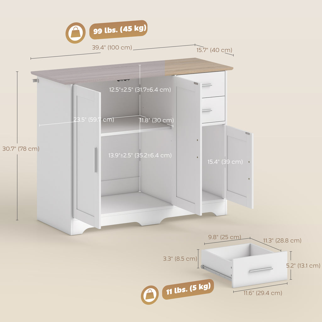 40" Sideboard Buffet Cabinet, Modern Kitchen Storage Cabinet with 2 Drawers, 3 Doors & Adjustable Shelf, White