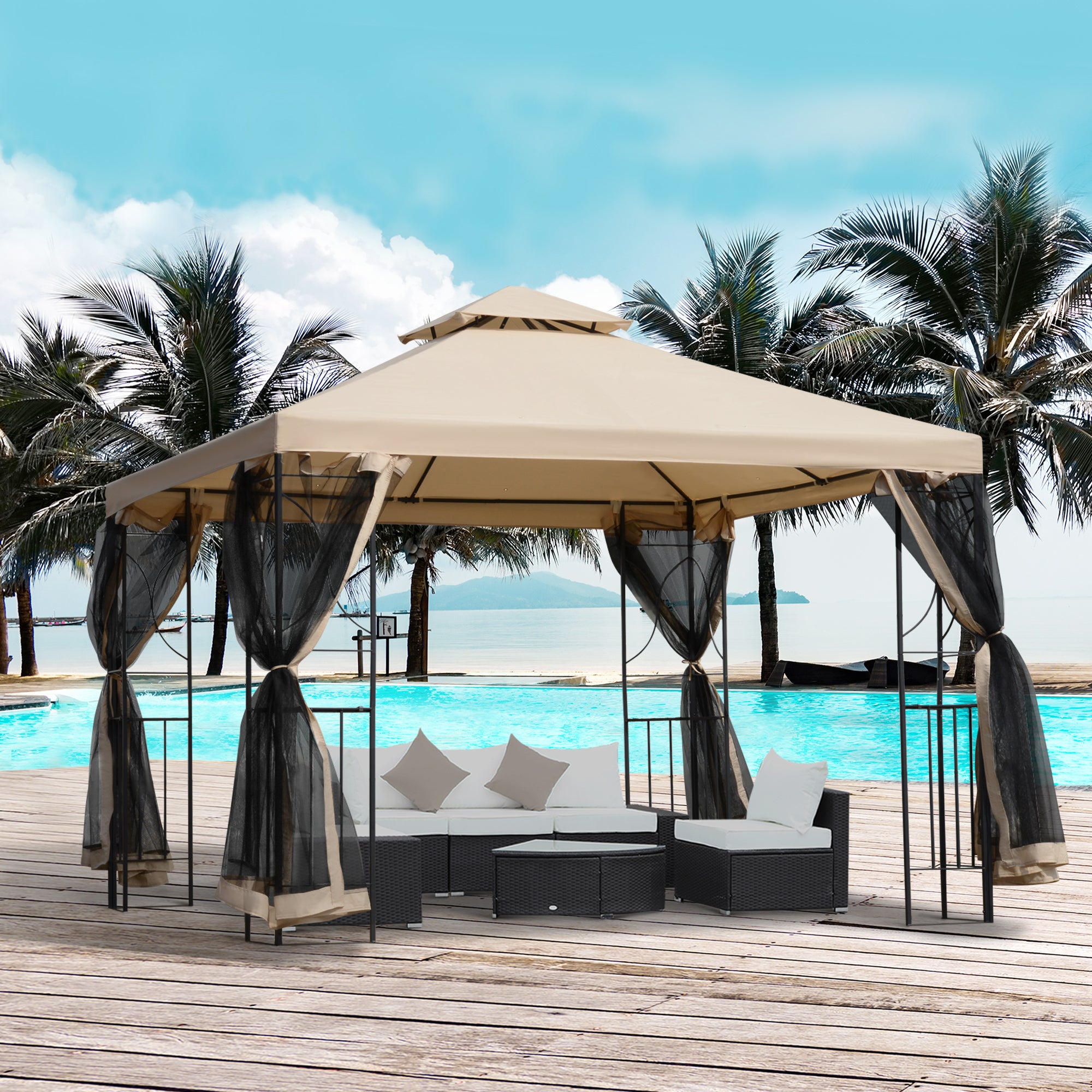 10x10ft Patio Gazebo, Outdoor Double Top Pavilion Canopy, Garden Event Party Tent Shelter, Yard Sun Shade Steel Frame w/ Mosquito Netting and Storage Tray