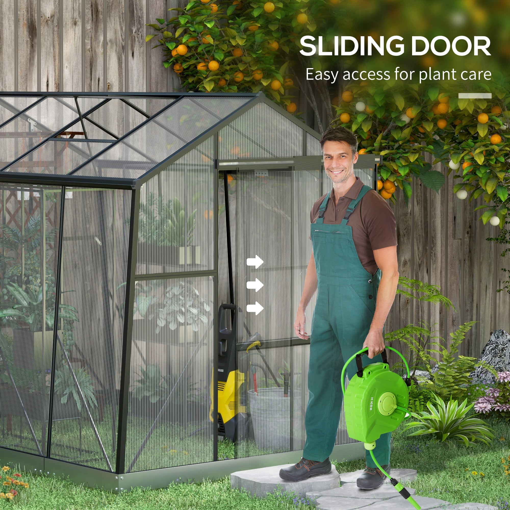 6' x 8' Walk-in Polycarbonate Greenhouse Aluminium Green House with Sliding Door, 5-Level Roof Vent, Rain Gutter