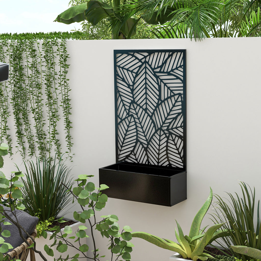 Metal Outdoor Raised Garden Bed with Privacy Screen, Privacy Panel and Planter Box, Wall-Mounted or Freestanding, Black