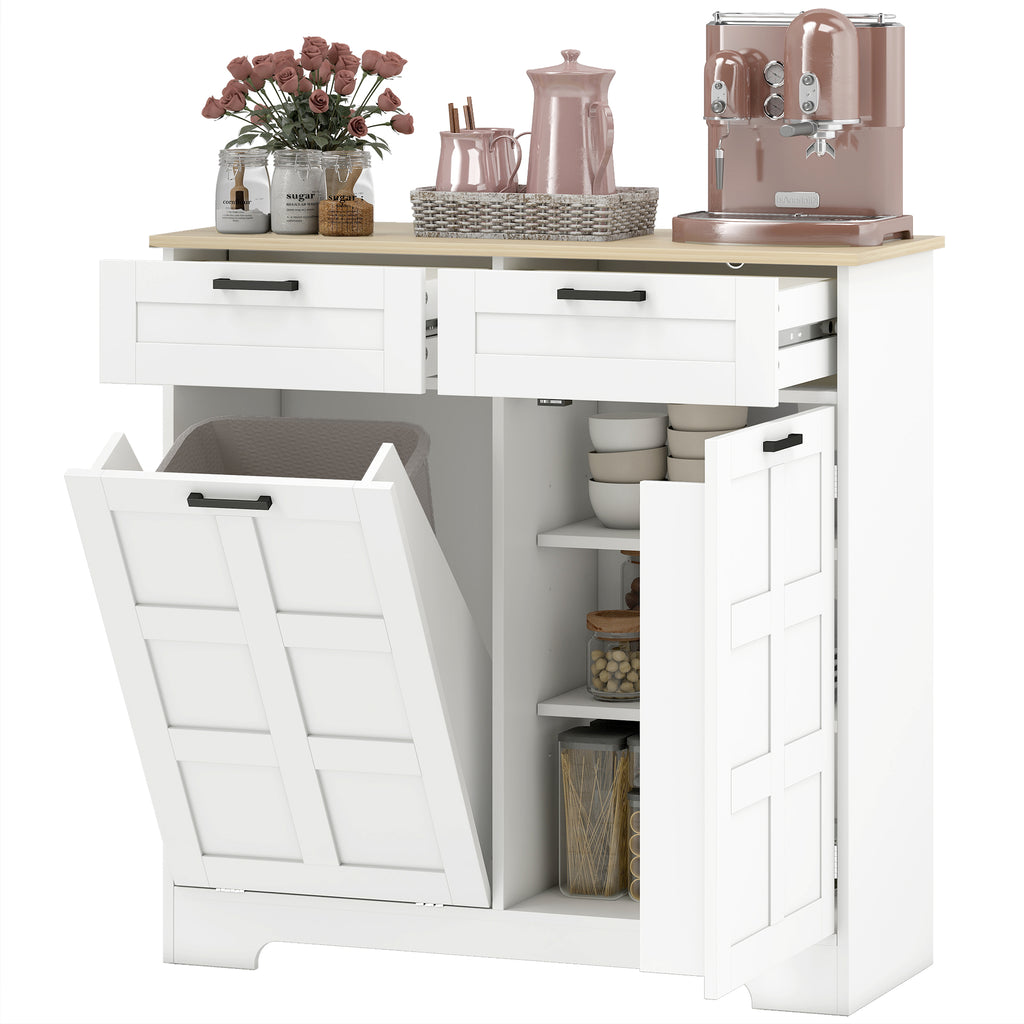 13 Gallon Tilt Out Garbage Cabinet, Kitchen Island with Trash Cabinet, 2 Drawers, Door Racks, Adjustable Shelves, White