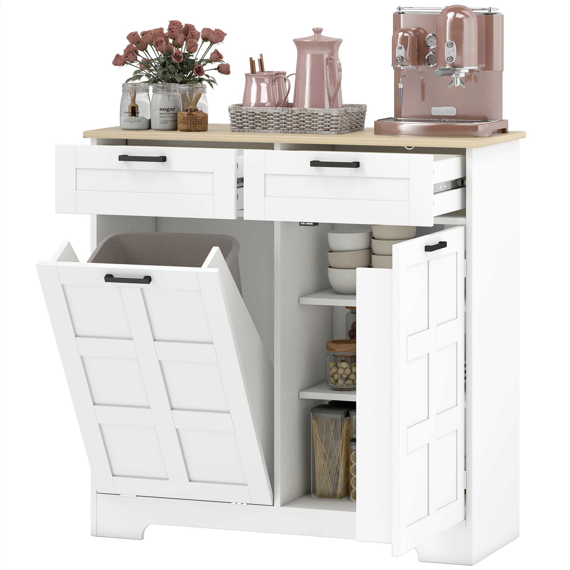 13 Gallon Tilt Out Garbage Cabinet, Kitchen Island with Trash Cabinet, 2 Drawers, Door Racks, Adjustable Shelves, White