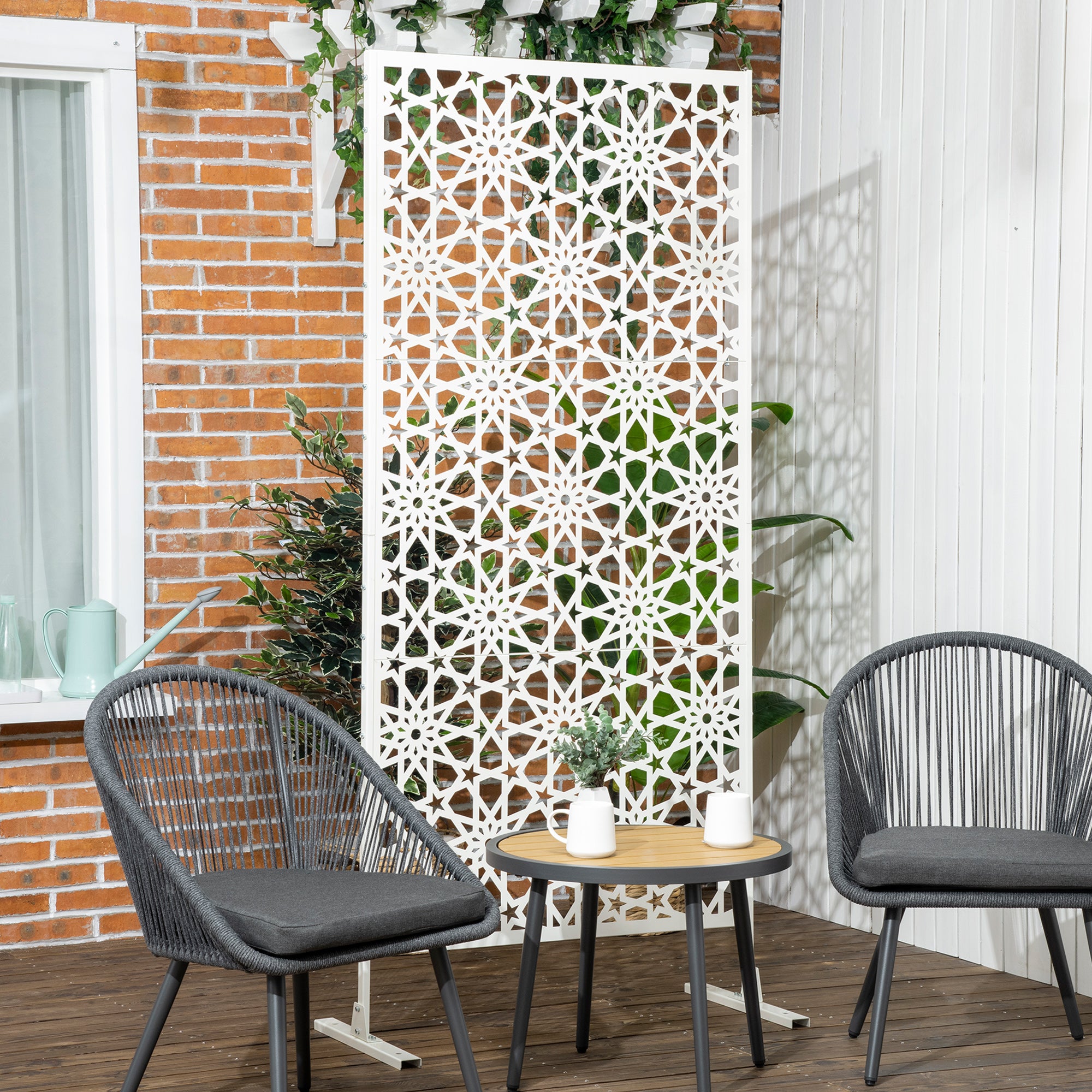 Metal Outdoor Privacy Screen, Decorative Outdoor Divider with Stand and Expansion Screws, 36.2" x 17.7" x 78", White
