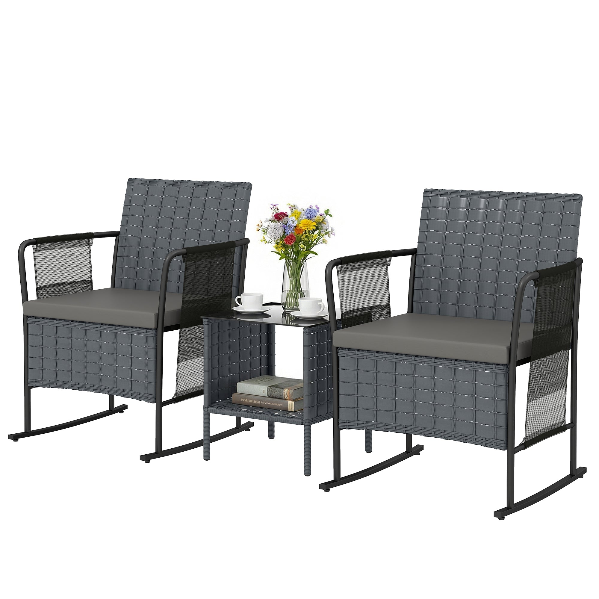 3 Pieces Rocking Bistro Set Outdoor Patio Furniture Set with Side Pockets, Mesh Seat, Cushions, 2-Tier Table, Grey