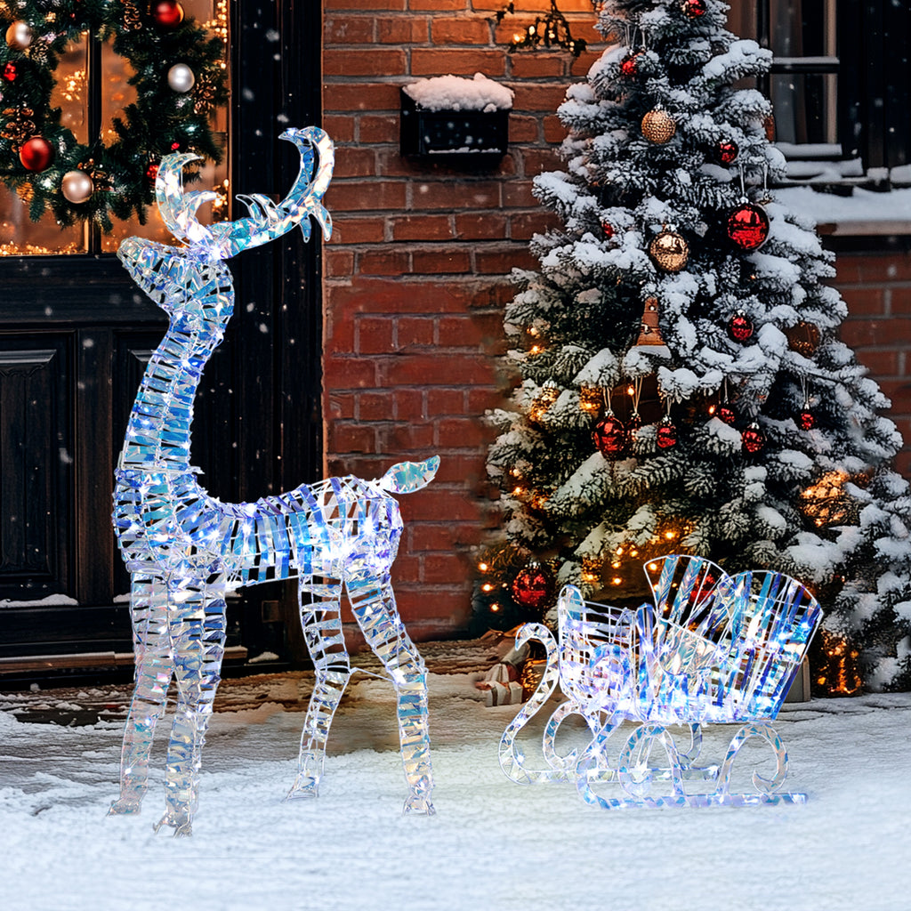Lighted Christmas Reindeer with Sleigh, Outdoor Reindeer with 170 LED Lights and Stakes, Holiday Decor, Silver
