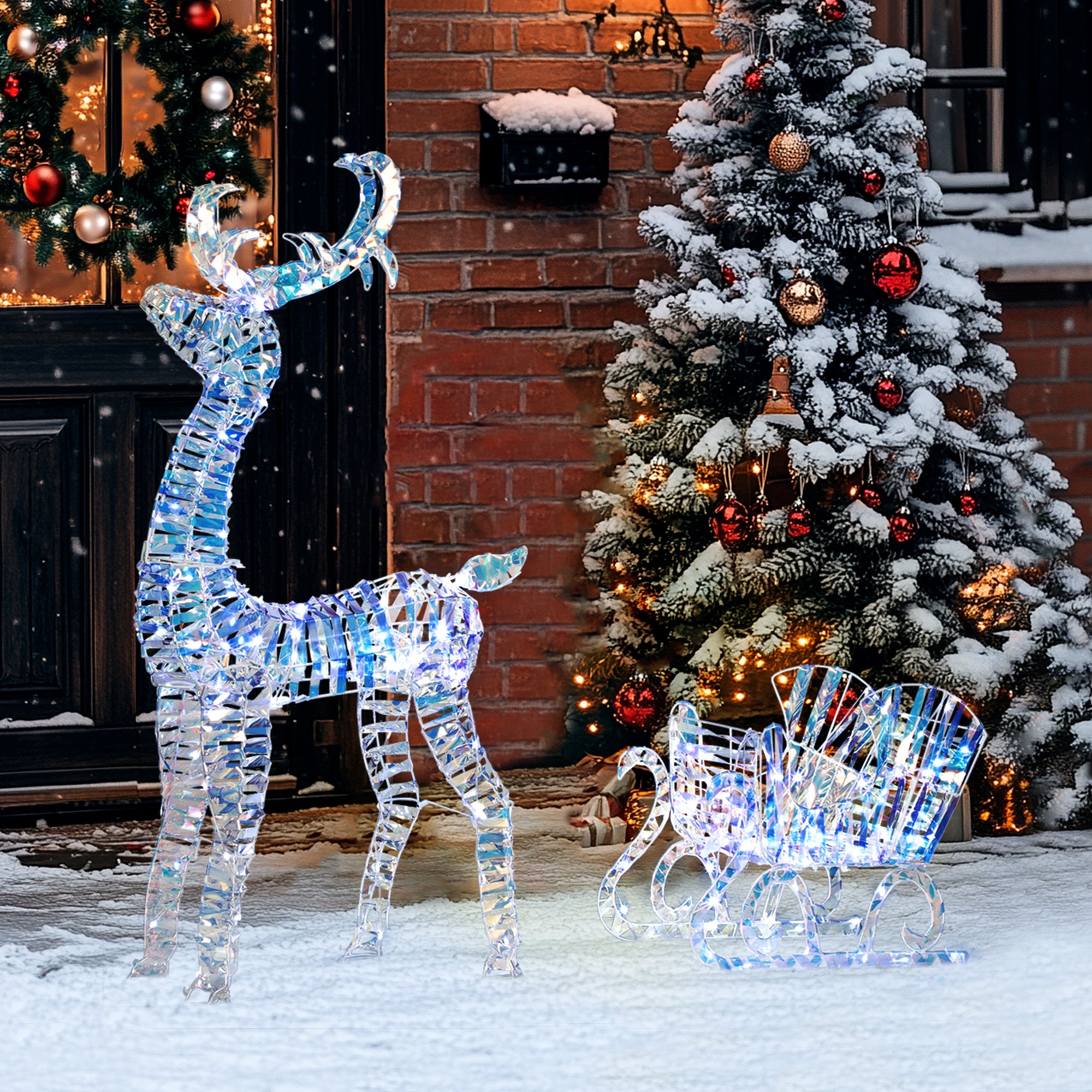 Lighted Christmas Reindeer with Sleigh, Outdoor Reindeer with 170 LED Lights and Stakes, Holiday Decor, Silver