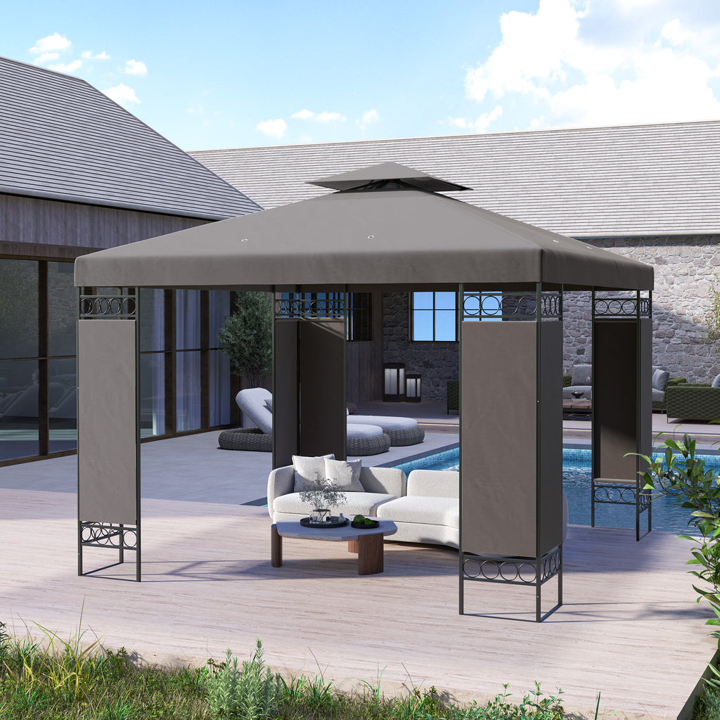 10 x 10 FT Canopy Gazebo, Double Roof Patio Gazebo with Screen Panels and Metal Frame for Deck, Backyard, Khaki