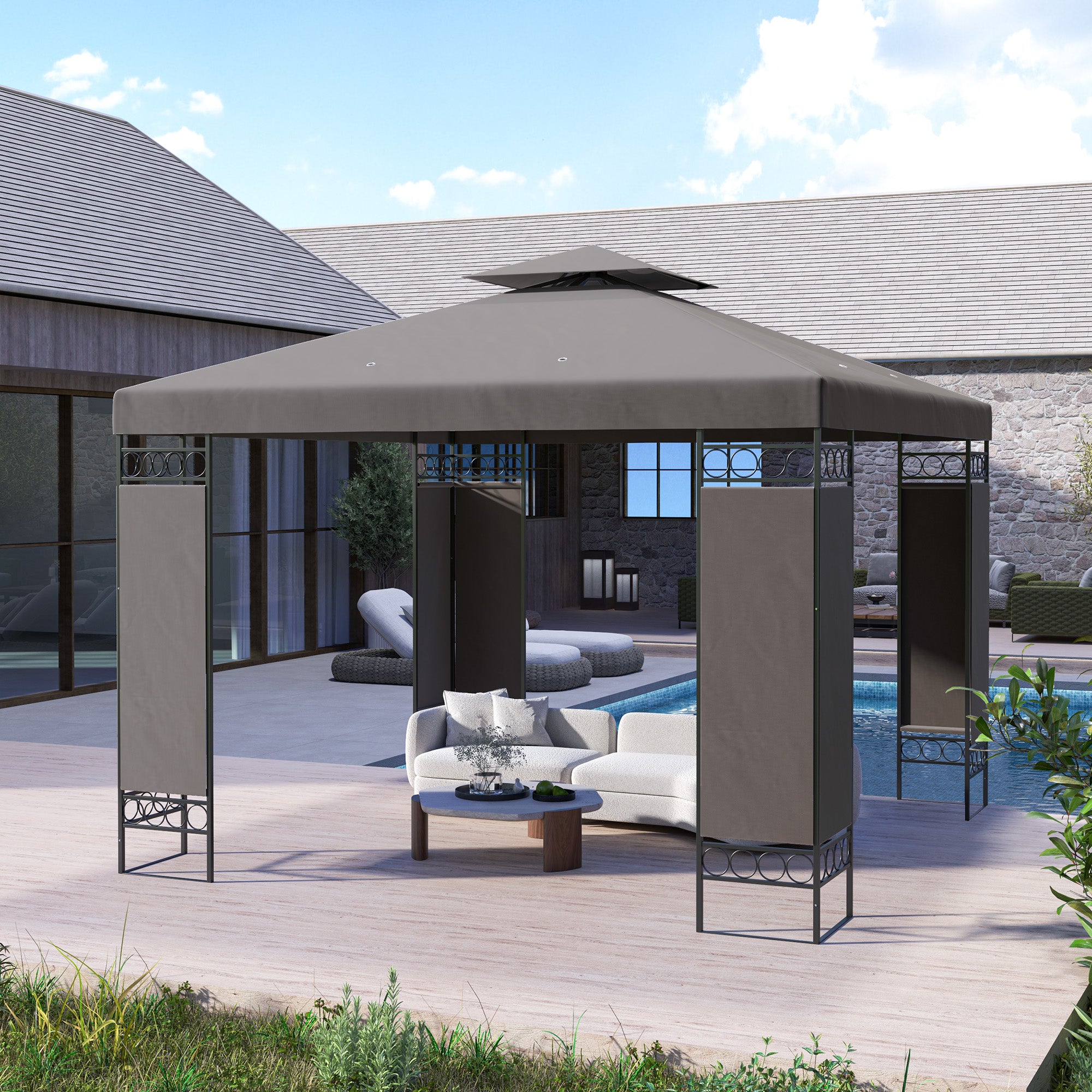 10 x 10 FT Canopy Gazebo, Double Roof Patio Gazebo with Screen Panels and Metal Frame for Deck, Backyard, Khaki