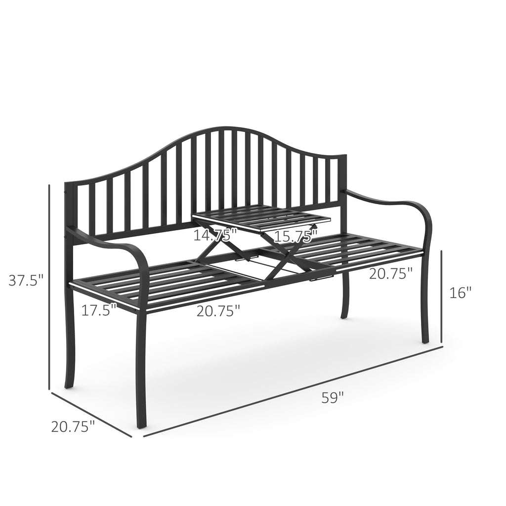 Outdoor Bench with Retractable Middle Table, Metal Frame Patio Loveseat with Slatted Seat and Backrest, Curved Armrests, Black