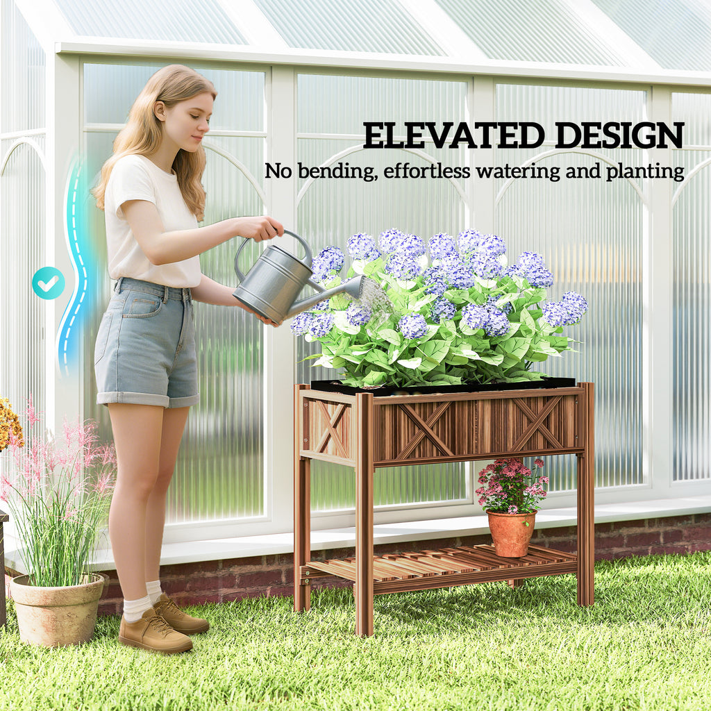 Wooden Raised Garden Bed, Elevated Planter Box with Storage Shelf, Drainage Holes and Liner, 34"x18"x30", Carbonized